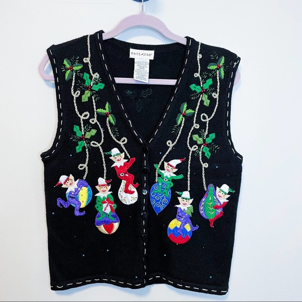 Vintage Ugly Christmas Knit Beaded Elf Ornament Button Front Vest Size Medium